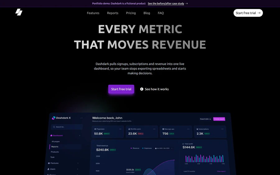 Optimized Dashdark page, first screen on desktop, 1440 px wide