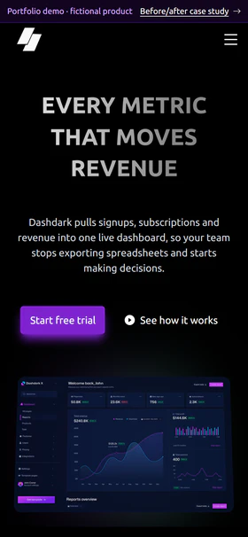 Optimized Dashdark page, first screen on mobile, 390 px wide