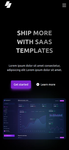 Original SaaSyDark template, first screen on mobile, 390 px wide